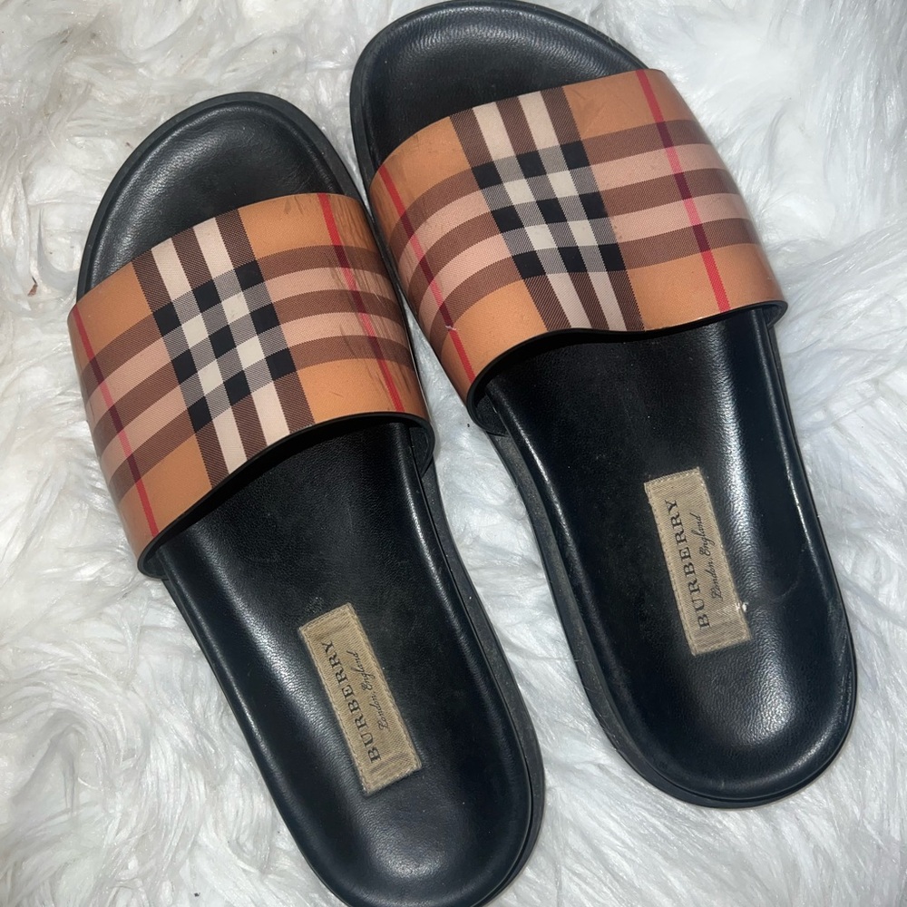 Burberry Black and Tan Plaid Slides